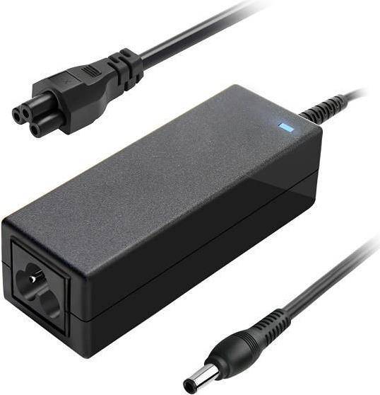 Rechteckiges schwarzes Laptop-Ladegerät mit zwei Kabeln, mit Stecker und Ladespitze.