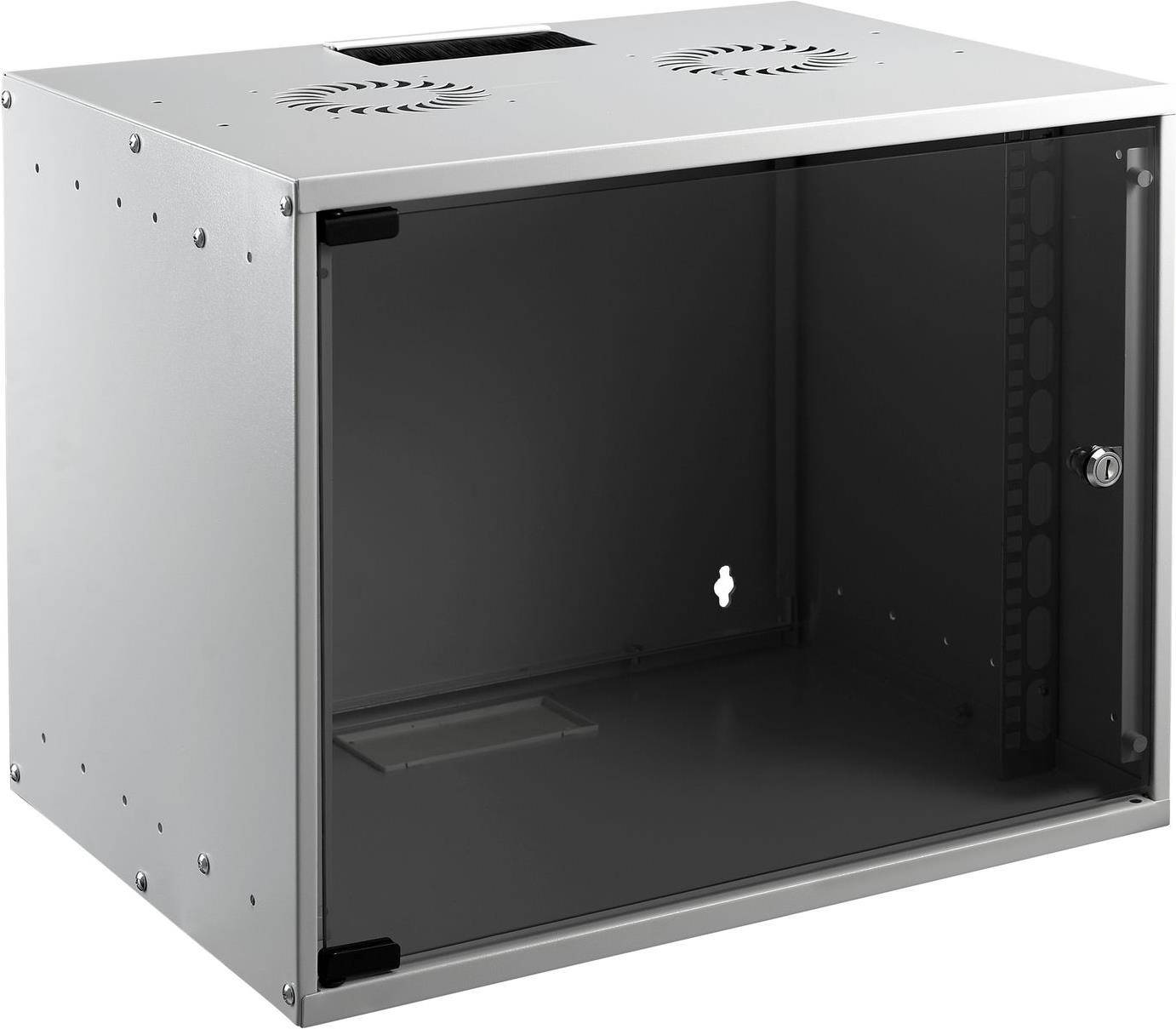 Ein silberner, wandmontierter Metallschrank mit transparenter Glastür, konstruiert zur Sicherung von elektronischer Ausrüstung, dargestellt offen ohne Inhalt.