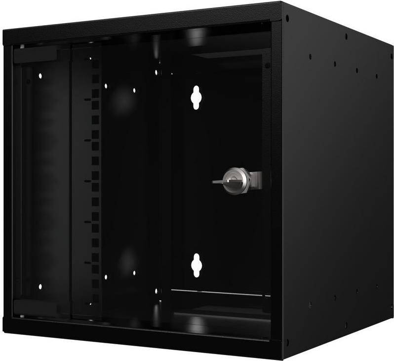 Ein schwarzes, leeres, an der Wand montiertes Servergestell mit einem Schlüsselsperrschloss auf der rechten Seite, bereit für die Geräteinstallation.