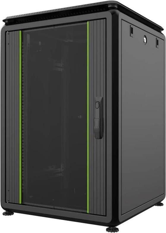 Ein schwarzer Serverrackschrank mit transparenter Tür, die mit einer grünen Linie eingefasst ist, mit einem Schlosgriff auf der rechten Seite.