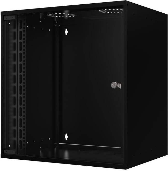 Ein schwarzes, leeres Servergehäuse mit Belüftungslöchern und einer verschließbaren Tür, geeignet zur Unterbringung von Netzwerkgeräten in einem Rechenzentrum.