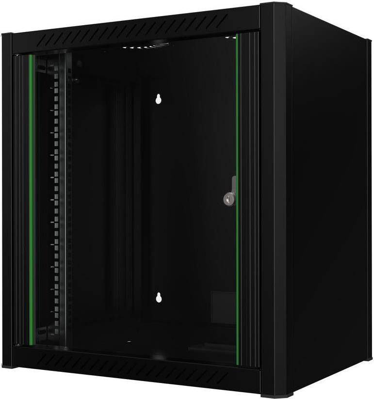 Ein schwarzes Serverschrank mit Glastür, konzipiert zur Unterbringung von Netzwerkausrüstung, leer gezeigt mit sichtbaren Montageschienen.