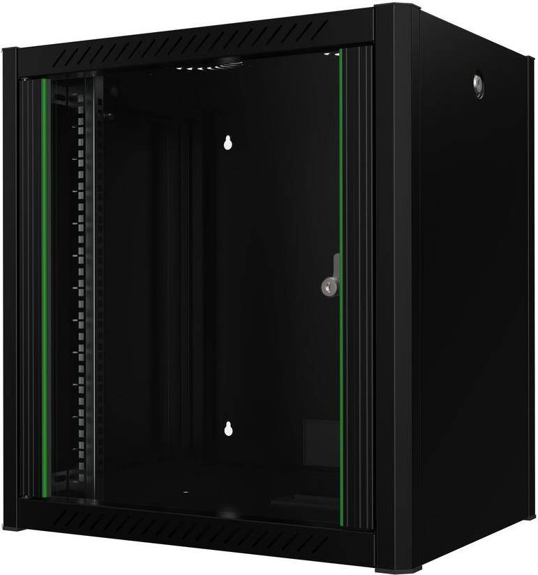 Schwarzes Server-Rack-Gehäuse mit Glastür, grünen Akzenten und verstellbaren Schienen, entwickelt für die Lagerung von Netzwerkgeräten.