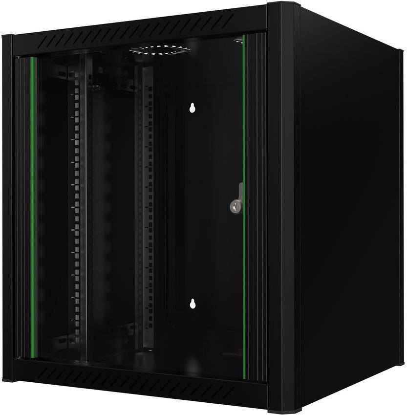 Ein schwarzer an der Wand montierter Serverschrank mit glastür in der Vorderseite, der ein leeres Inneres zeigt, geeignet für Netzwerkausrüstung.