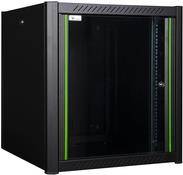 Ein schwarzer, wandmontierter Server-Rack-Schrank mit einer Glastür an der Vorderseite und grünen vertikalen Streifen an den Seiten.