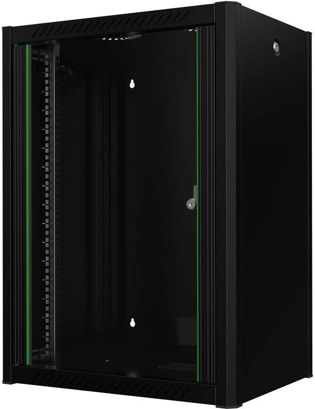 Ein schwarzes Servergestell mit offenen Türen, die leere Regale und eine vertikale Reihe von Montagelöchern zeigen.