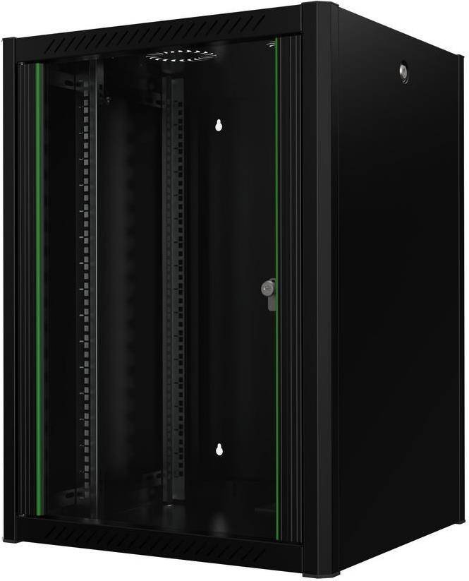 Ein schwarzer Server-Rack-Schrank mit transparenter Fronttür, Metallrahmen und vertikalen Schlitzen zur Montage von Geräten.