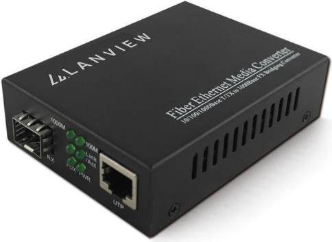 Schwarzer LANVIEW Glasfaser-Ethernet-Medienkonverter mit Anschlüssen für Lichtwellenleiterkabel und Ethernet-Kabelverbindungen.
