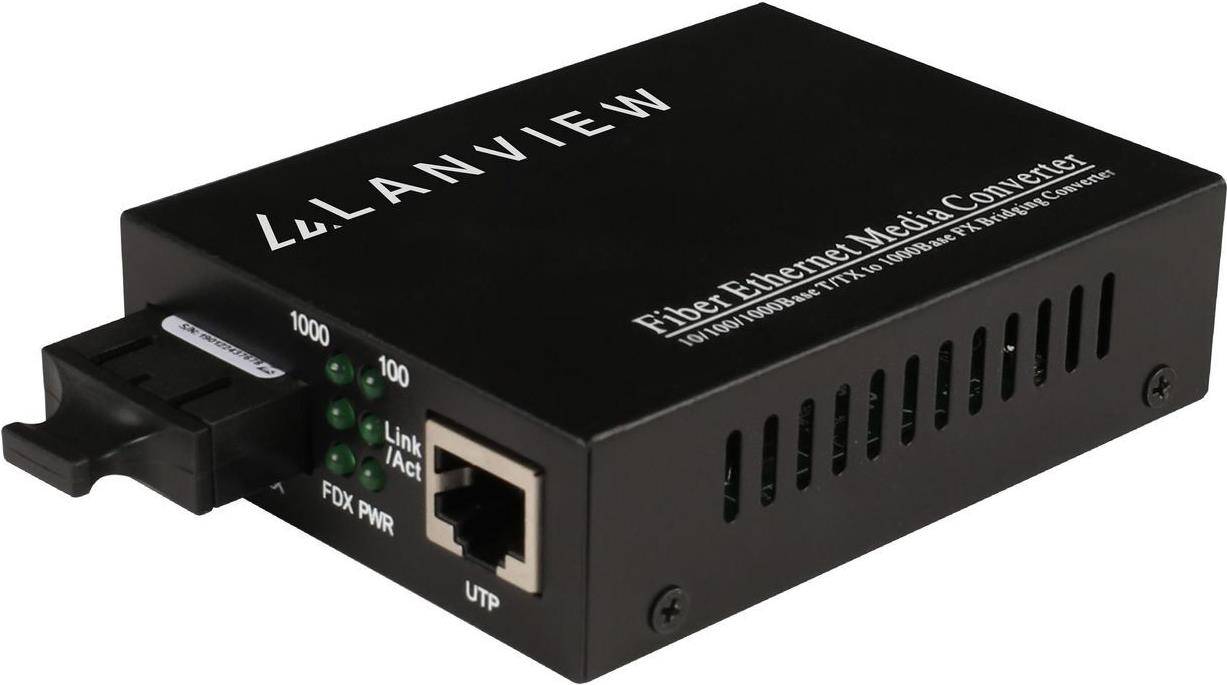 »LANVIEW Fiber Ethernet Media Converter« Gerät mit Netzwerkverbindungen, mit Statusanzeige-LEDs für Stromversorgung, Verbindung und Aktivität.