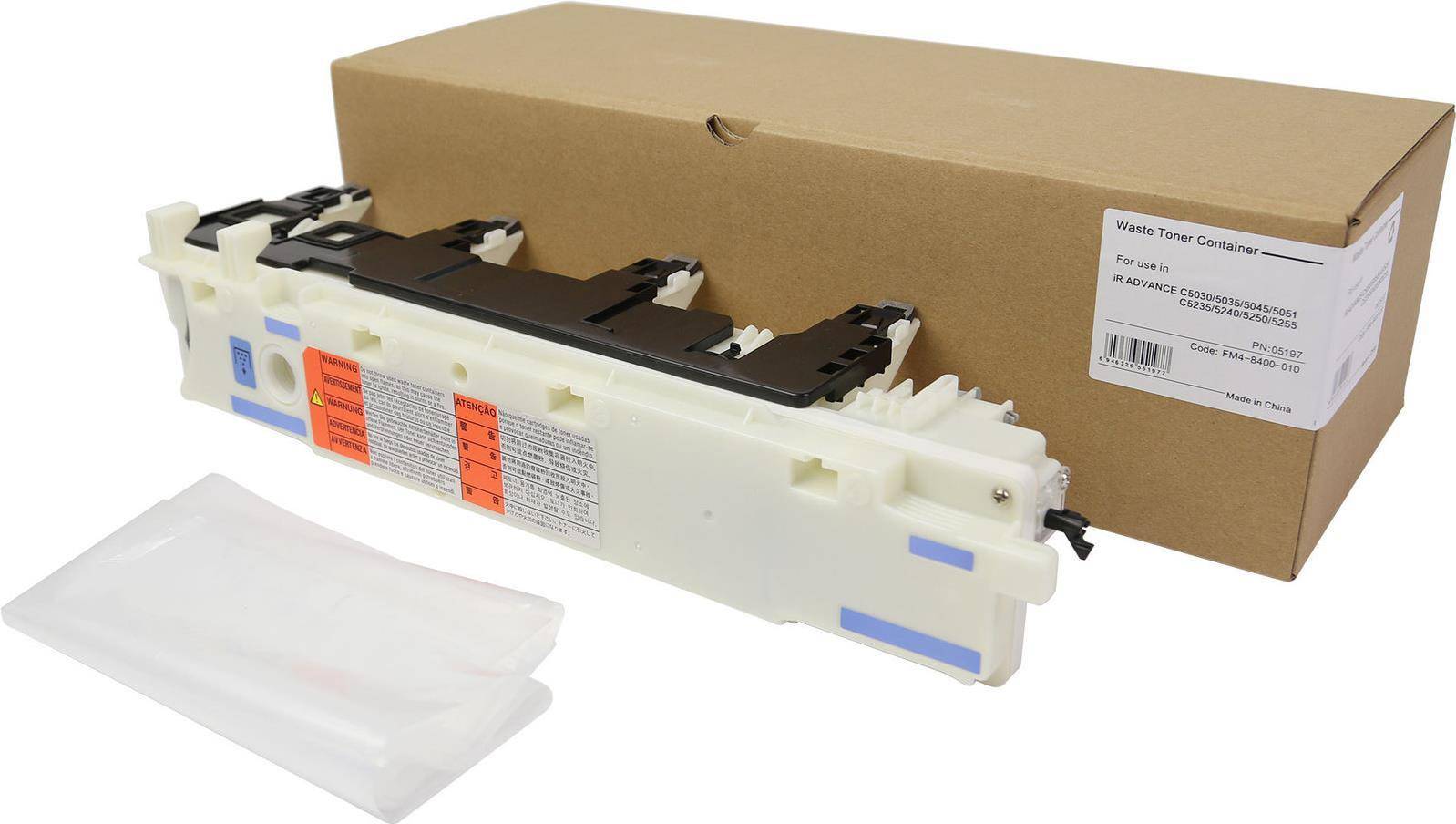 Tonerrestbehälter für Laserdrucker, mit Kartonverpackung und Bedienungsanleitungen in mehreren Sprachen.