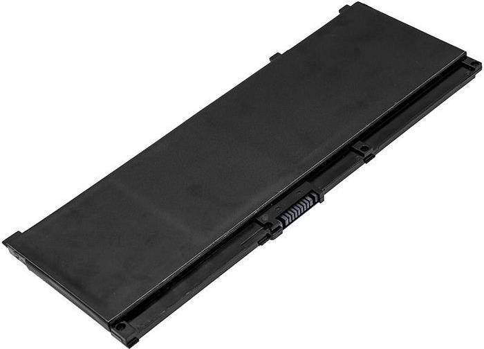 Ein schwarzer rechteckiger Laptop-Akku mit sichtbaren Steckerkontakten, platziert vor einem weißen Hintergrund.