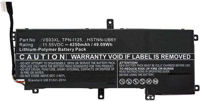 HP03XL' Batterieaufkleber mit angegebener Kapazität: 4250mAh, 49,90Wh, 11,55V. Warnungen: Brand-/Explosionsgefahr bei unsachgemäßer Handhabung.