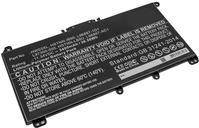 Eine rechteckige schwarze Laptop-Batterie mit technischen Spezifikationen und Sicherheitsanweisungen in weißem Text auf einer Seite.