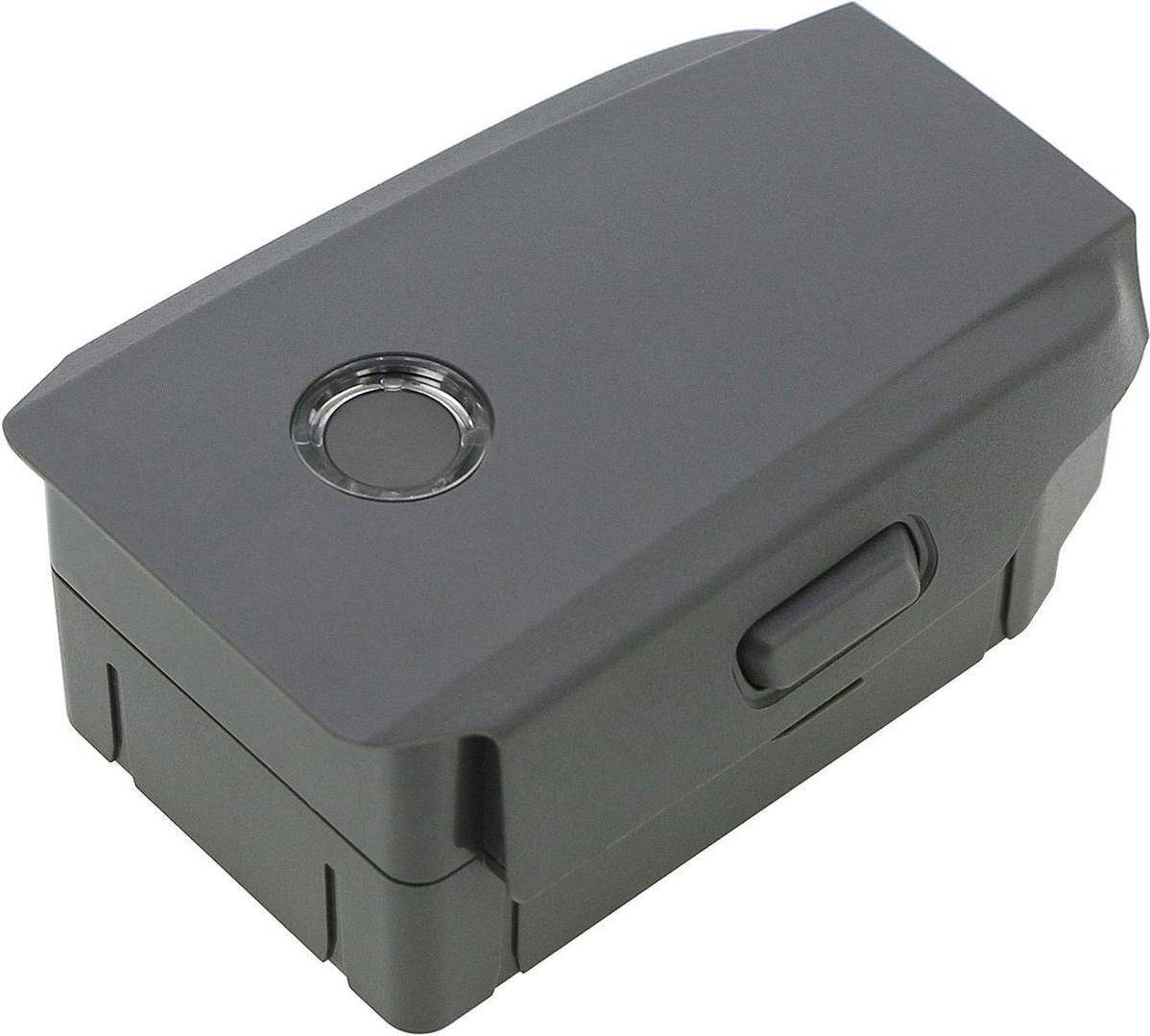 Ein rechteckiges graues Akkupack mit einem runden Knopf oben, entworfen zur Verwendung in elektronischen Geräten wie Drohnen oder Kameras.