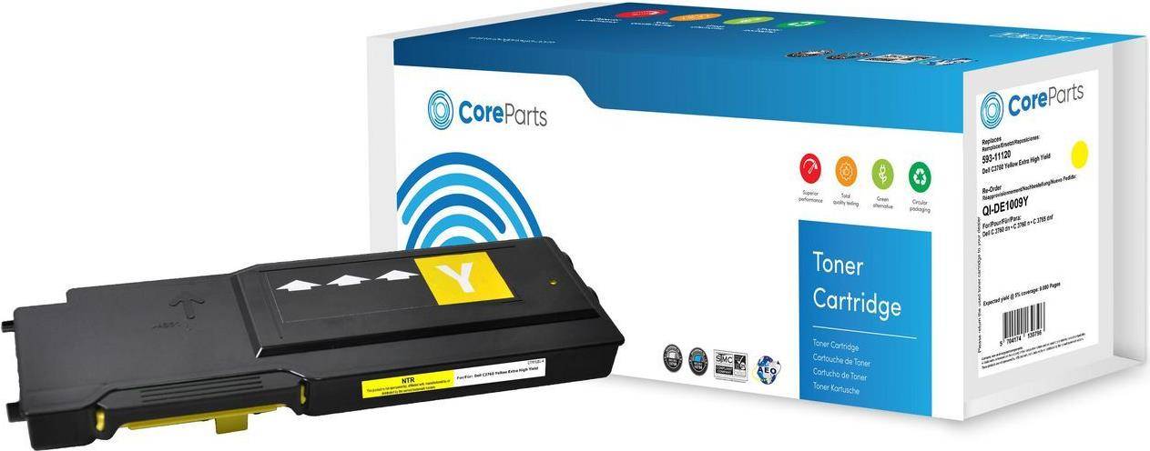 Eine Tonerkartusche und ihre Verpackung mit der Marke „CoreParts