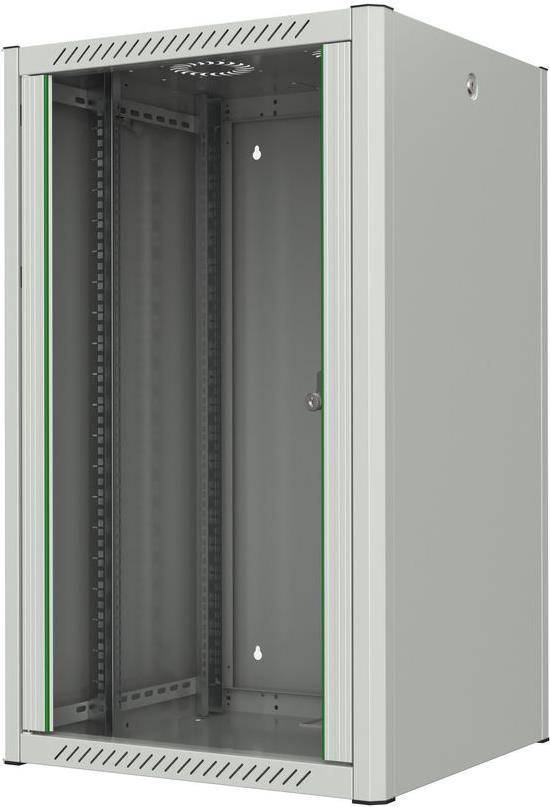 Leerer grauer Server-Rack-Schrank mit geschlossenem Seitenpanel, sichtbarem grünem Rahmen und ohne installierte Ausrüstung im Inneren.