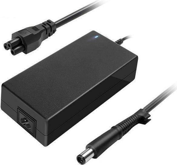 Ein schwarzer Laptop-Stromadapter mit abnehmbarem Kabel und Stecker.