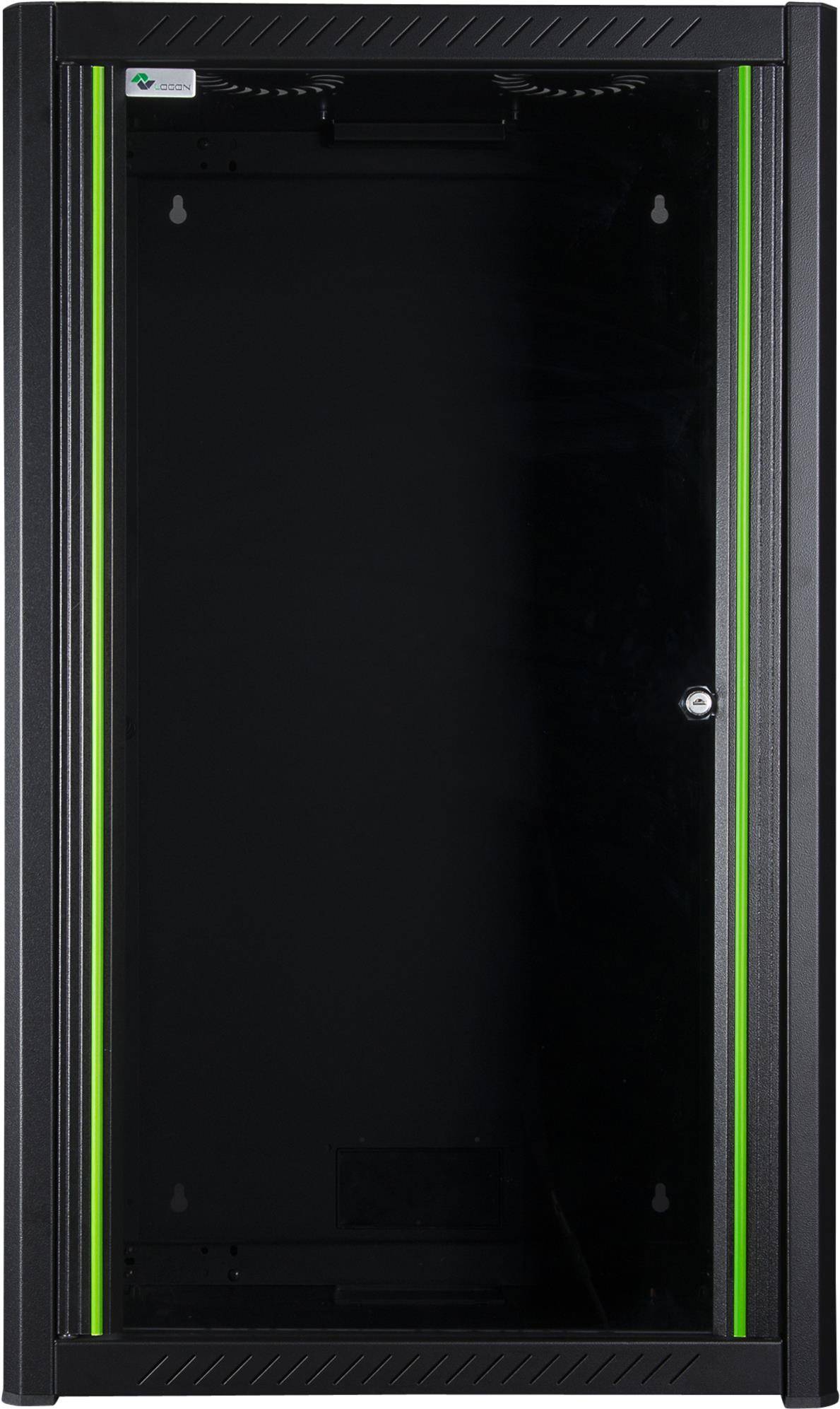 Eine schlanke schwarze Serverschranktur mit einem grünen LED-Streifen an der Kante, der Stromversorgung oder Status anzeigt, positioniert in einer Rechenzentrumsumgebung.