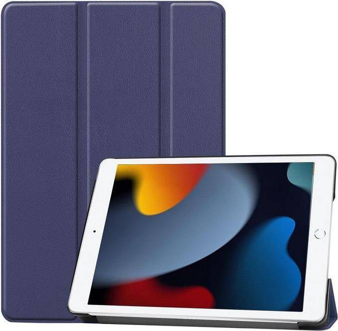 Ein Tablet mit farbenfrohem Bildschirm wird teilweise von einer geschlossenen dunkelblauem Etui bedeckt, was darauf hinweist, dass es aufrecht zum Anschauen stehen kann.