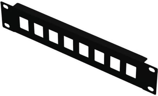 Ein schwarzes rechteckiges Objekt mit sieben quadratischen Aussparungen, das einem Kabelmanagement-Gestell oder einer Blende ähnelt.