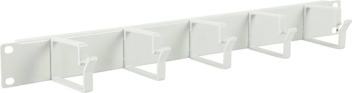 Weißes Metallhalterung zum Aufhängen von Objekten an einer Schiene, mit einem L-förmigen Haken für sichere Befestigung.