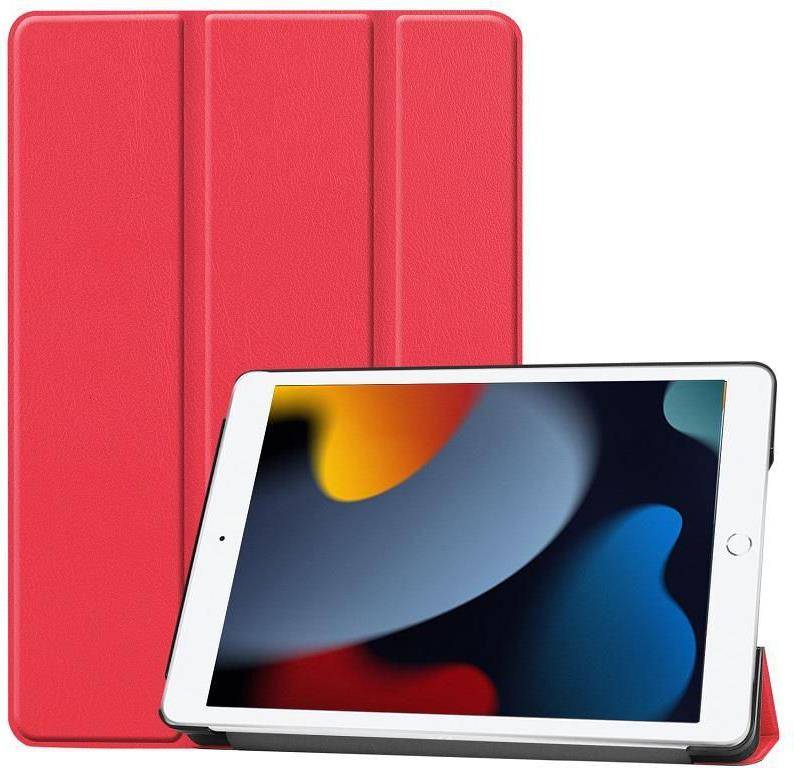 Rote Tablet-Schutzhülle mit ausgeklapptem Deckel steht neben einem iPad. Der iPad-Bildschirm zeigt bunte abstrakte Formen.