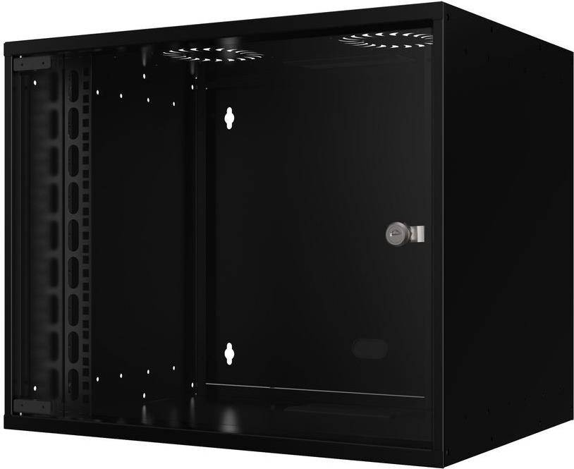 Ein schwarzer, wandmontierter Serverrack-Schrank mit transparenter Glasfront, konzipiert zur Unterbringung von elektronischen Geräten.