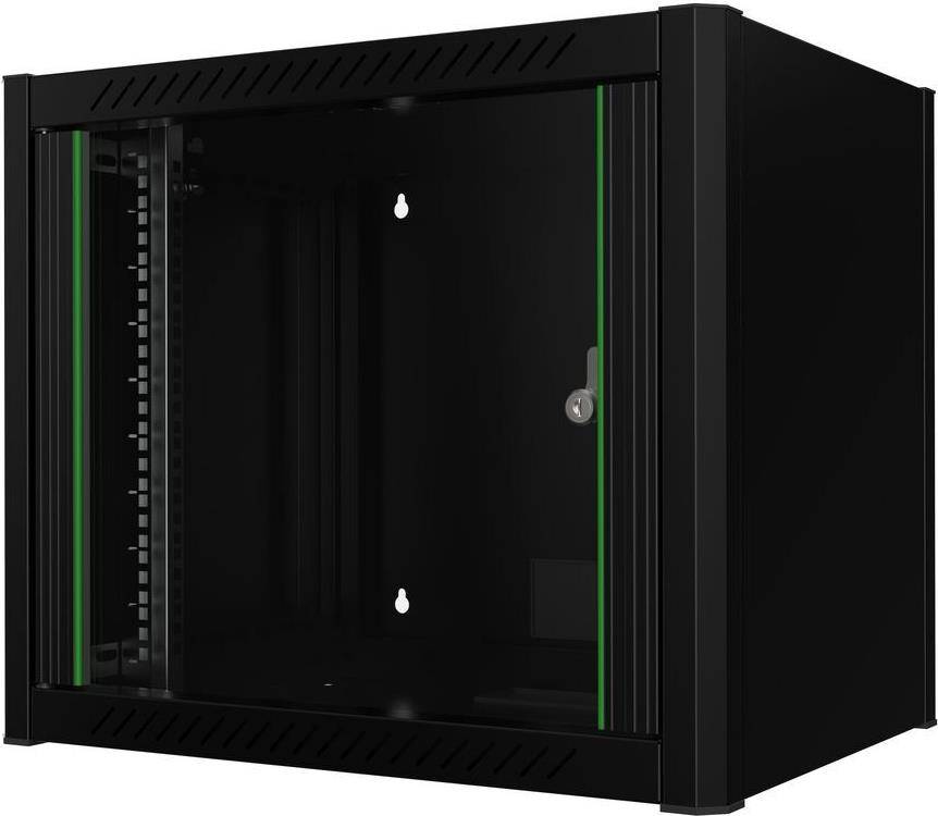 Leeres schwarzes Serverrack mit grünen Akzenten und seitlicher Belüftung, geeignet zur Organisation von Netzwerkausrüstung in einem Rechenzentrum oder Büro.