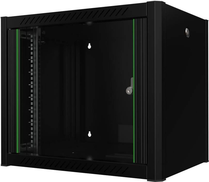 Ein schwarzer, wandmontierter Netzwerkschrank mit Glastür und grünen Akzenten, geeignet für die Unterbringung von IT-Ausrüstung in Büro- oder Serverumgebungen.