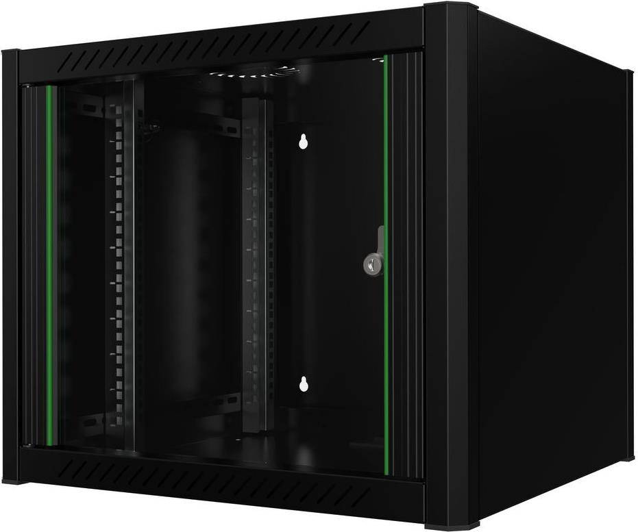 Ein schwarzer, leerer wandmontierter Serverrack mit transparenter Frontür, geeignet zur Unterbringung von Netzwerk- oder Serverausrüstung.