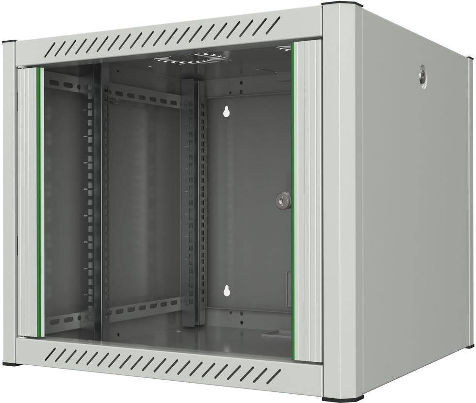 Ein graues Metall-Serverrack-Schrank mit offener Fronttür, mit einer vertikalen grünen Akzentlinie, geeignet zur Organisation von Netzwerkausrüstung.