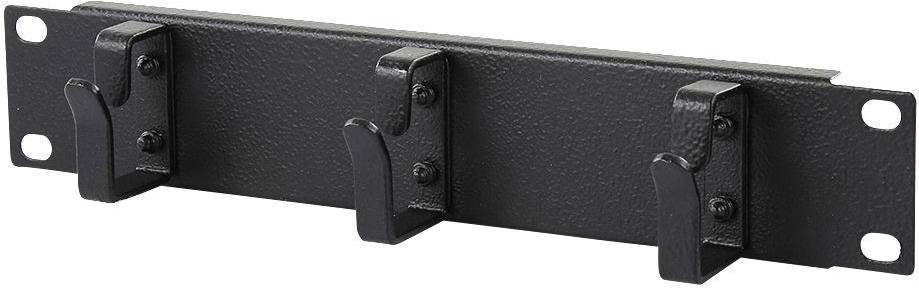 Eine Nahaufnahme eines schwarzen Metallwandhakens mit strukturierter Oberfläche und zwei Schrauben, entworfen zum Aufhängen von Gegenständen an einer vertikalen Fläche.