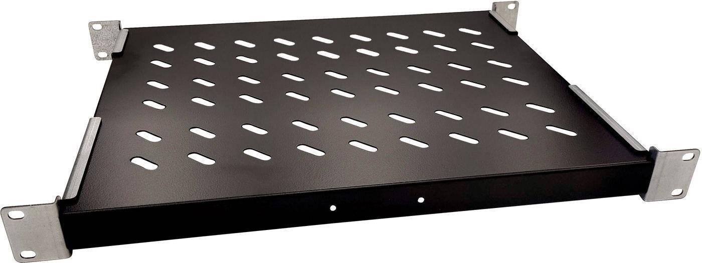 Ein schwarzes Metallregal mit gleichmäßig verteilten rechteckigen Schlitzen, entwickelt für Belüftung und Gewichtsreduktion.