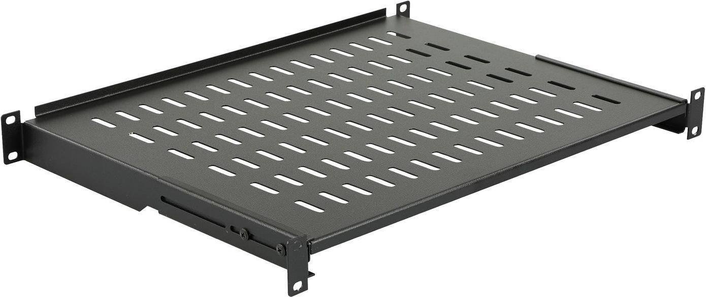 Ein schwarzes belüftetes Serverrackregal mit Lochleisten zur Luftzirkulation.