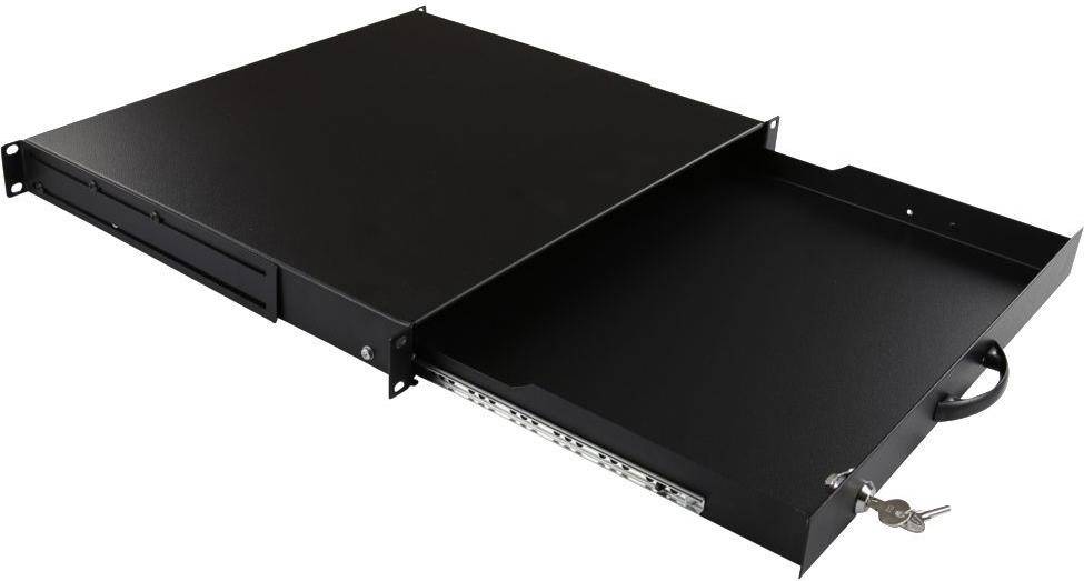 Ein schwarzes Metallserver-Rackregal mit einer offenen Schieblindschublade, entwickelt zur Organisation und Lagerung elektronischer Ausrüstung in Rechenzentren.