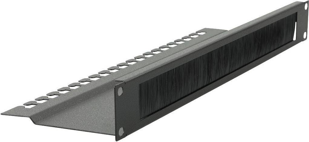 Bürstendichtung-Kabelmanagement-Panel, schwarzes Metall mit Bürstenbereich in der Mitte zur Kabelorganisation, Rackmount-Design für Server-Racks.
