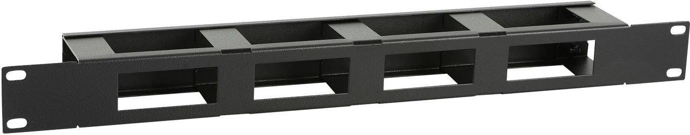 Eine Nahaufnahme einer schwarzen Metallklammer mit rechteckigen Öffnungen, die zur Montage oder strukturellen Unterstützung verwendet wird.