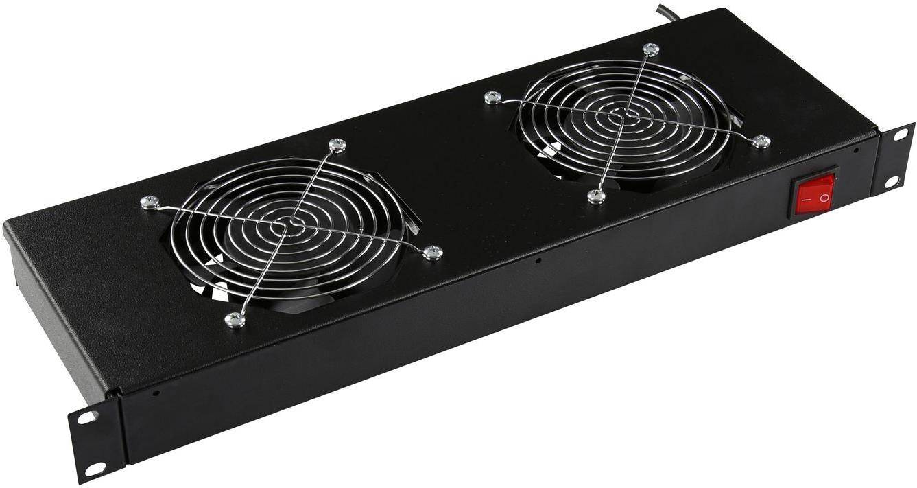 Ein schwarzes Metall-Kühlgitter mit zwei großen kreisförmigen Lüftern, die durch Metallgitter geschützt sind, wird für die Belüftung von Geräten verwendet.