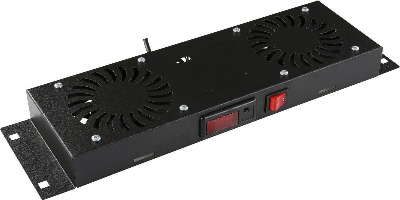 Ein schwarzes Metallkühlgerät mit zwei Ventilatoren, einem Sicherungshalter und einem Stromschalter.