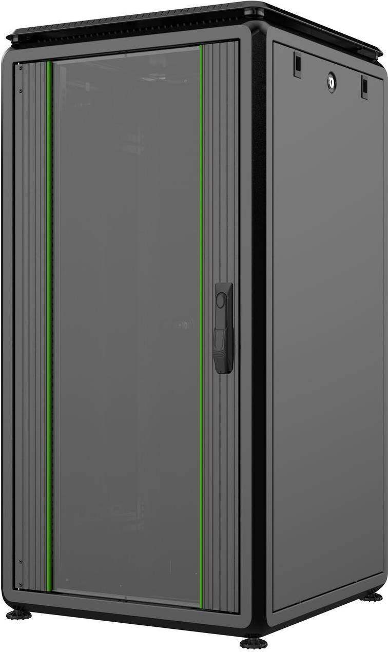 Eine Nahaufnahme einer grauen Serverschrank-Tür mit einem vertikalen grünen LED-Streifen und einem schwarzen Griff, was Technologie oder Datenspeicherung andeutet.