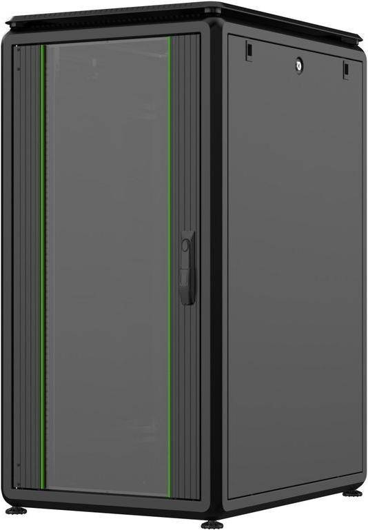 Ein großer, geschlossener, dunkel gefärbter Serverrahmen mit einer grünen Akzentlinie, mit einem Griff in der Mitte, der vor einem hellgrauen Hintergrund steht.