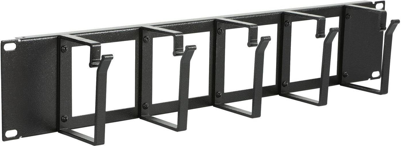 Ein schwarzes Metallregal mit mehreren gleichmäßig verteilten Haken zum Aufhängen von Gegenständen.