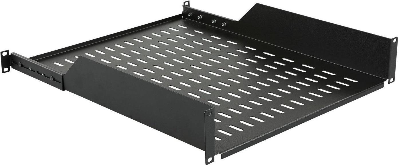 Ein schwarzes Metall-Serverschrank-Regal mit perforiertem Boden zur Belüftung, entwickelt zum Halten von elektronischer Ausrüstung in einem Serverschrank.