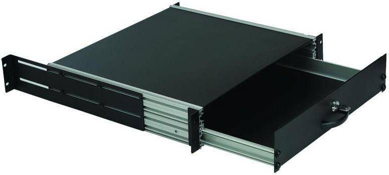 Eine schwarze metallische Schublade für Rackbefestigung, teilweise offen, mit einem industriellen, zweckmäßigen Design, das sich zur Speicherung von elektronischen Geräten eignet.