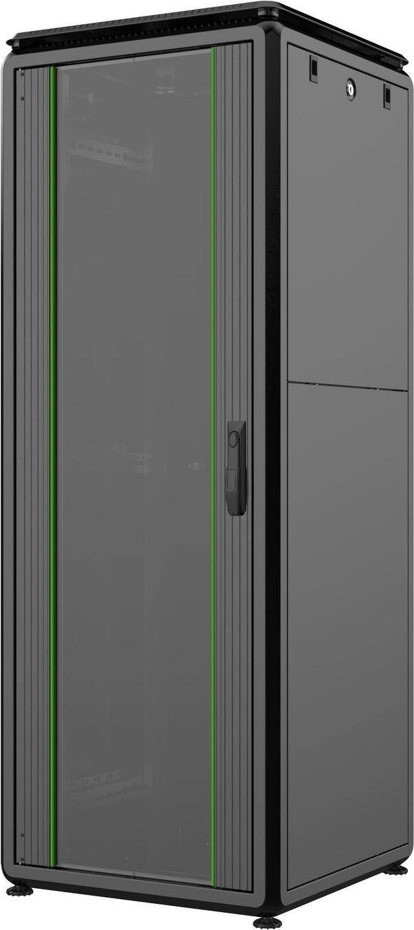 Ein modernes metallisches Paneel mit vertikalen Linien und einem kleinen Griff auf der rechten Seite, mit einer grünen Akzentuierung entlang der Kanten.