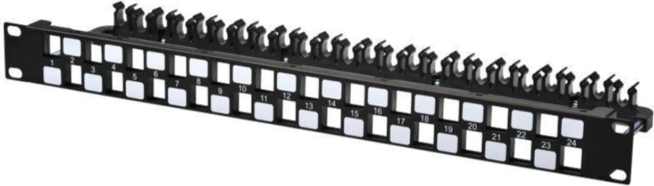 Ein schwarzes Kabelmanagement-Panel mit beschrifteten Schlitzen, nummeriert von 1 bis 19, entwickelt zur Organisation von Kabeln in einem Netzwerk-Rackingsystem.