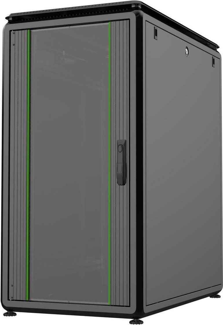 Ein schwarzes Serverrack mit transparenter Frontür und grünem Rand, entwickelt zur Unterbringung von Computern oder Netzwerkgeräten.