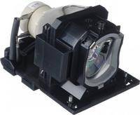 Eine Projektorlampe mit einer reflektierenden Glühbirne, die in einem schwarzen Gehäuse untergebracht ist, typischerweise für den Austausch oder die Reparatur von Projektoren verwendet.