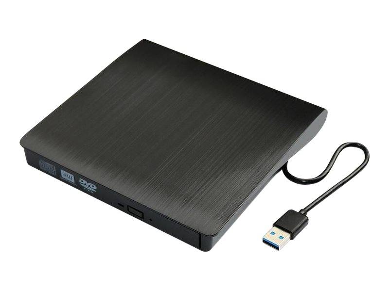 Schwarzes externes USB-DVD-Laufwerk mit abnehmbarem Kabel, auf weißem Hintergrund dargestellt.
