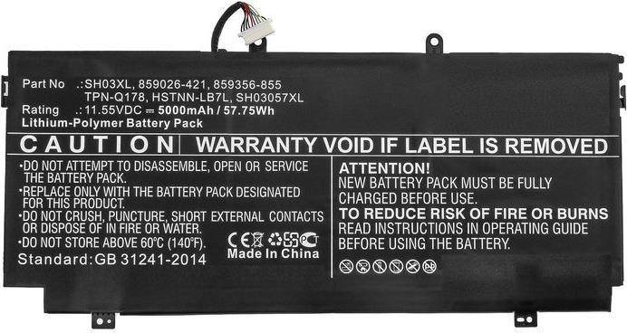Ein rechteckiges Batterieetikett mit dem Modell: 'HSTNN-LB7L', Kapazität: '5000mAh' und 'HP'-Branding. Zeigt Sicherheitswarnungen und Kontaktinformationen an.